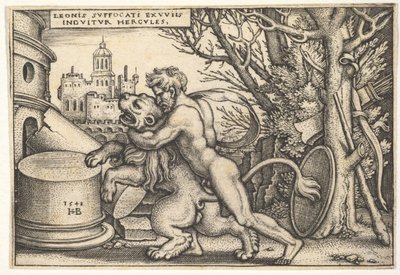 Herkules, z profilu, zabija lwa nemejskiego z ramieniem na jego szyi, z „Labo…, 1548. autorstwa Sebald Beham