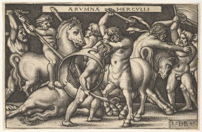 Herkules ze swoją maczugą w centrum walczy z centaurem, inni mężczyźni walczą z centaurami, by zostawić..., 1542. autorstwa Sebald Beham
