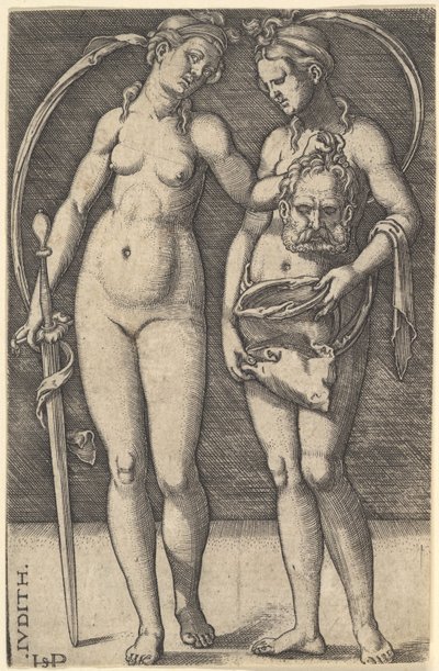 Judyta stojąca po prawej i trzymająca w prawej ręce głowę Holofernesa i..., ca. 1520-30. autorstwa Sebald Beham
