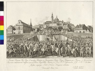 Koronacja cesarza Franciszka II na króla Węgier w Budapeszcie 6 czerwca 1792 r. (miedzioryt) autorstwa Sebastian Mansfeld