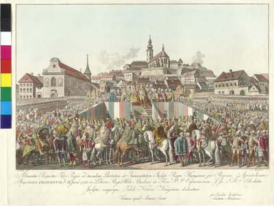 Koronacja cesarza Franciszka II na króla Węgier w Budapeszcie 6 czerwca 1792 r. (miedzioryt) autorstwa Sebastian Mansfeld