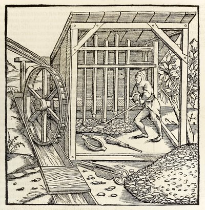 Wydobywanie z kołem wodnym, z wydania „Cosmographia” z 1550 r. Sebastiana Munstera (drzewryt) autorstwa Sebastian Munster