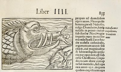 Wieloryb potworny pożerający ludzi, z wydania „Cosmographia” Sebastiana Munstera z 1550 r. (drzewryt) autorstwa Sebastian Munster