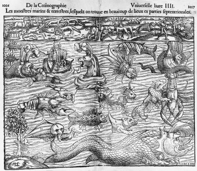 Potwory morskie i ziemskie, ilustracja z Cosmographia Universalis, autorstwa Sebastiana Munstera (1489-1552) autorstwa Sebastian Munster