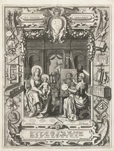 Herb Cechu Św. Łukasza z obrazem Św. Łukasza Madonna z Dzieciątkiem, 1620-21 autorstwa Sebastian Vrancx