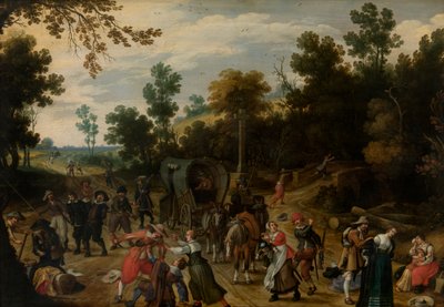 Paisagem com Viajantes atacados por Ladrões (óleo sobre painel) polimento autorstwa Sebastian Vrancx