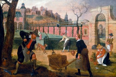 Ogrodnicy przy pracy w formalnym ogrodzie na obrzeżach miasta. Obraz namalowany przez Sebastiana Vrancxa (1573-1647). Kolekcja prywatna. autorstwa Sebastian Vrancx