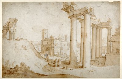 Forum Romanum ze Świątynią Tytusa i Wespazjana, Świątynią Saturna i Łukiem Septymiusza Sewera (Pióro i brązowy tusz z brązowym lakierem, na papierze) autorstwa Sebastian Vrancx
