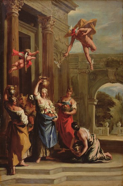 Merkury, Herse i Aglauros (olej na płótnie) autorstwa Sebastiano (school of) Ricci