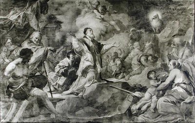 Św. Klemens wzywający Baranka Bożego do produkcji wody ze skały na Krymie (olej na płótnie) (zdjęcie czarno-białe) autorstwa Sebastiano Conca