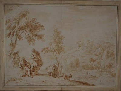Rozległy krajobraz pasterski z Hill-town, ok. 1720 (brązowy tusz i wash) autorstwa Sebastiano Ricci