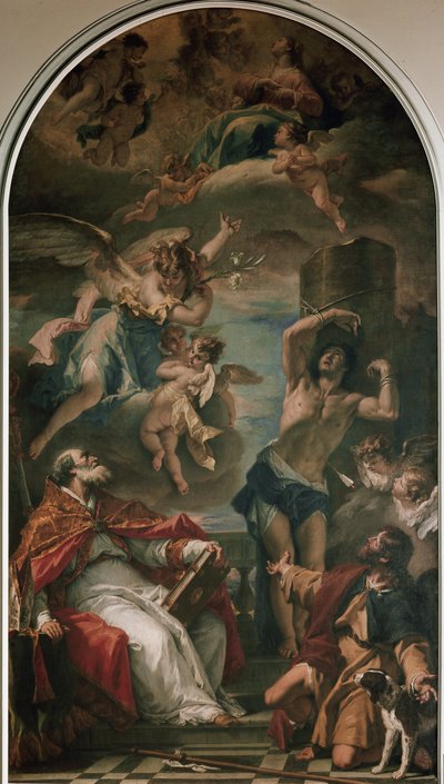 Dziewica w chwale z Archaniołem Gabrielem, św. Euzebiuszem, św. Sebastianem i św. Rochem (olej na płótnie) autorstwa Sebastiano Ricci