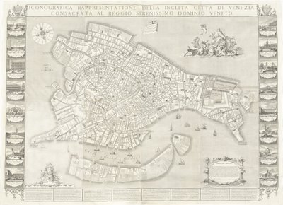 Ikonograficzne przedstawienie słynnego miasta Wenecji autorstwa Sebastiano Ricci, Lodovico Ughi, Giovanni Antonio Faldoni for the map, with Francesco Zucchi