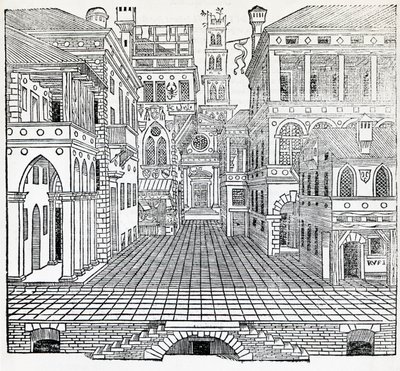 Scena magiczna, projekt sceny teatralnej Sebastiano Serlio (1475-1554), ilustracja z traktatu o architekturze, księga II autorstwa Sebastiano Serlio