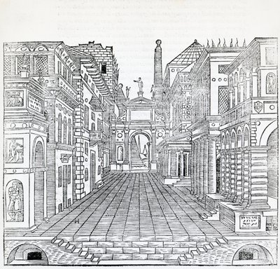 Scena magiczna, projekt sceny teatralnej Sebastiano Serlio (1475-1554), ilustracja z traktatu o architekturze, księga II autorstwa Sebastiano Serlio