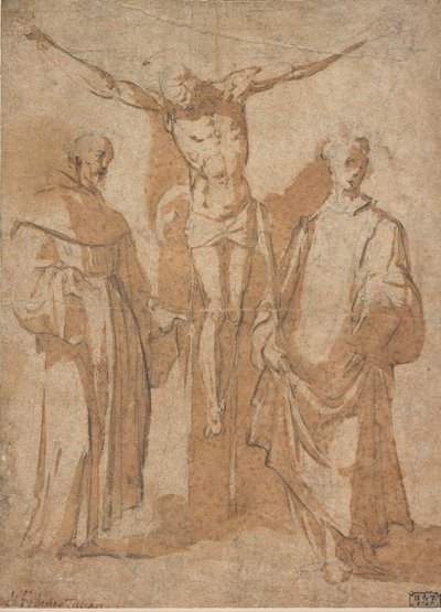 Chrystus na krzyżu w otoczeniu dwóch świętych autorstwa Sebastiano Vini