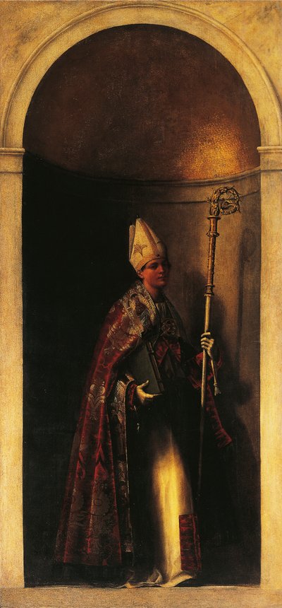 Św. Ludwik z Tuluzy, dekoracja z drzwi organowych, ok. 1509, Sebastiano del Piombo (ok. 1485-1547), olej na płótnie, 293x137 cm, kościół San Bartolomeo, Wenecja, Włochy autorstwa Sebastiano del (c.1485 1547) Piombo