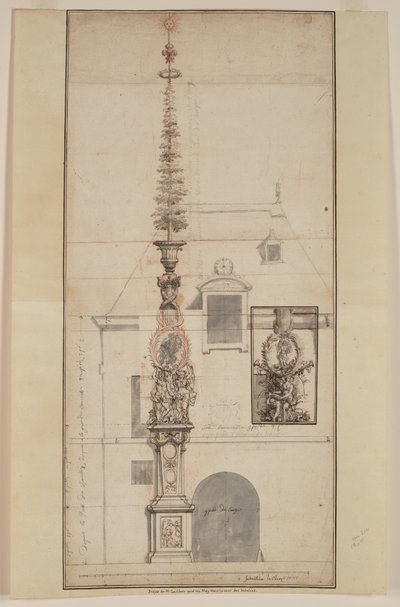 Projet de Mai des Gobelins permanent (recto) (czarna kreda, czerwona kreda, pióro, czarny i brązowy tusz, szary pył, na dwóch połączonych arkuszach) autorstwa Sebastien I Le Clerc