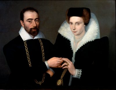 Portret pary Oboje są ubrani na czarno, kobieta ma gipiurowy kołnierzyk. Malowanie szkoły Fontainebleau autorstwa Second School of Fontainebleau