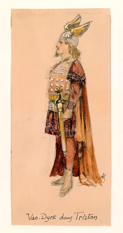 Francja, Paryż, szkic kostiumu Tristana w sztuce "Tristan i Izolda" Richarda Wagnera na przedstawienie w paryskim Palais Garnier autorstwa Segaud Segaud