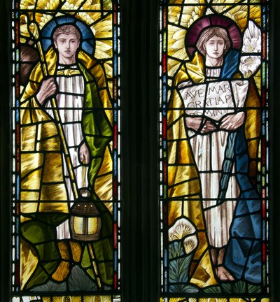 Mortehoe, St Mary, Heaton Butler & Bayne, Selwyn Image, Archaniołowie St Raphael & St Gabriel, c.1890 autorstwa Selwyn Image Selwyn Image
