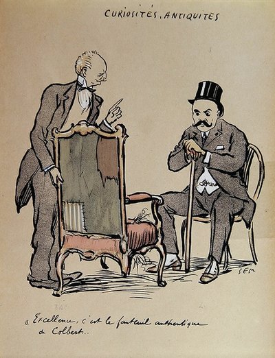 Bogaty Kolekcjoner Sztuki sprawdzający krzesło rzekomo należące do Colberta. c.1919 (kolor lito) autorstwa Sem
