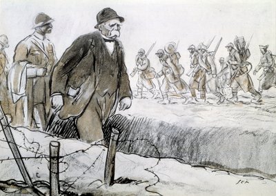I wojna światowa: Portret Clemenceau (1841-1929) w oprawie odwiedzającego front. Rysunek Georgesa Goursata dit Sem (1863-1934) autorstwa Sem