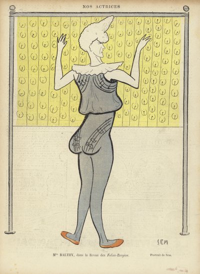 Louise Balthy, francuska aktorka, w Folies-Bergère, ilustracja do Le Rire autorstwa Sem