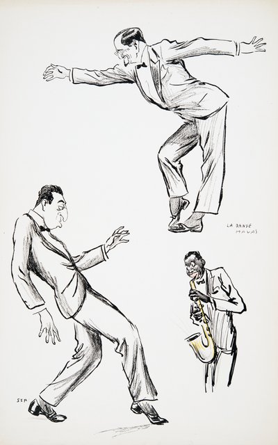 Dwaj panowie w czarnych krawatach wykonują La Danse Havas do saksofonu, z White Bottoms, pub. 1927 (druk blokowy), z White Bottoms, pub. 1927 (odbitka blokowa) autorstwa Sem