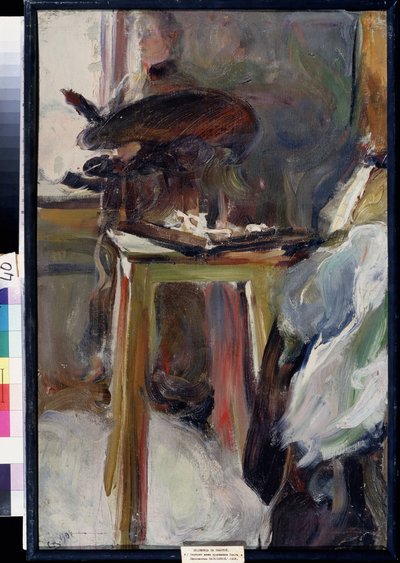 Artystka Olga Natalyina przy pracy (Artystka Olga Natalyiana przy pracy). Obraz Semyona Gavrilovicha Nikiforova (1877-1912), olej na płótnie autorstwa Semen Gavriilovich Nikiforov