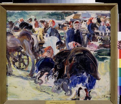 Targi (Targi). Prowincjonalne targowisko z wieśniaczkami i handlarzami. Obraz Semyona Gavrilovicha Nikiforova (1877-1912), olej na płótnie autorstwa Semen Gavriilovich Nikiforov