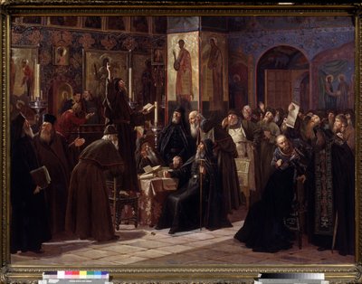 Powstanie monasteru Sołowieckiego w 1666 r. (Powstanie monasteru sołowieckiego w 1666 r.). Epizod raskola cerkwi (lub schizmy z lat 1666-1667) przez staroobrzędowców, sprzeciwiających się reformom patriarchy moskiewskiego, wprowadzonym od 1653 roku. autorstwa Sergei Dmitrievich Miloradovich