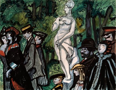 W letnim ogrodzie. (Rodziny w niedzielnej formie na spacerze wokół pomnika w Sankt Petersburgu). Praca Siergieja Juriewicza Sudeykina (Serge Soudeikine) (1882-1946), ołówek, gwasz i tusz na papierze. Sztuka rosyjska autorstwa Sergei Yurevich Sudeikin