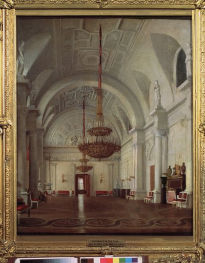 Widok Białej Sali Pałacu Zimowego w Sankt Petersburgu. Obraz Siergieja (Sergei, Sergei) Konstantinovich Zaryanko (Zarianko) (1818-1870), olej na płótnie. Sztuka rosyjska autorstwa Sergey Konstantinovich Zaryanko