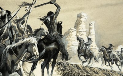 Niespodziewane spotkanie dwóch grup zwiadowczych, jednej indiańskiej, a drugiej kawalerii amerykańskiej. autorstwa Severino Baraldi