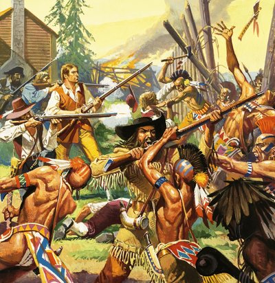 Daniel Boone broniący zagrody w Kentucky przed atakami Indian autorstwa Severino Baraldi