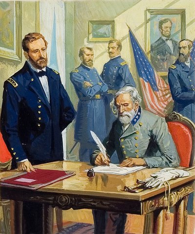 Generał Ulysses Grant przyjmujący kapitulację generała Lee pod Appomattox autorstwa Severino Baraldi