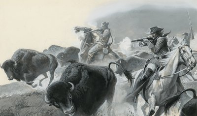 Stado bizonów (gwasz na papierze) autorstwa Severino Baraldi