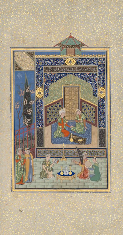 Bahram Gur w Turkusowym Pałacu w środę, Folio 216 z Khamsa...AH 931AD1524-25 autorstwa Shaikh Zada