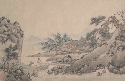 Krajobraz z Man Crossing Bridge. autorstwa Shen Zhou