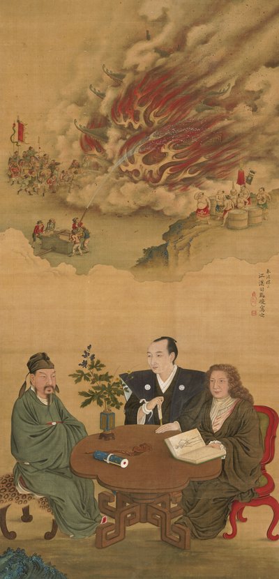 Wiszący zwój przedstawiający Spotkanie Japonii, Chin i Zachodu, autorstwa Shiba Kokan