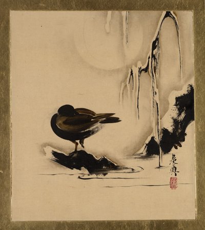 Lakierowane obrazy o różnych tematach: Ptak i wierzba w śniegu, 1882. autorstwa Shibata Zeshin