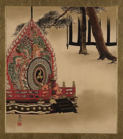 Lakierowe obrazy z różnych przedmiotów: Bęben do tańca gagaku, 1882. autorstwa Shibata Zeshin