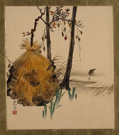Lakierowane obrazy o różnych przedmiotach: schronienie śnieżne dla drzewa z wróblem, 1882. autorstwa Shibata Zeshin