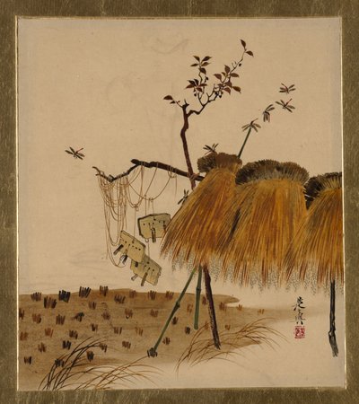 Lakierowane obrazy o różnych przedmiotach: stos ryżu i ważek, 1882 r. autorstwa Shibata Zeshin