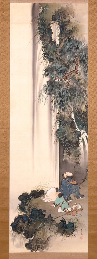 Li Bai patrząc na wodospad (tusz i kolor na jedwabiu) autorstwa Shibata Zeshin
