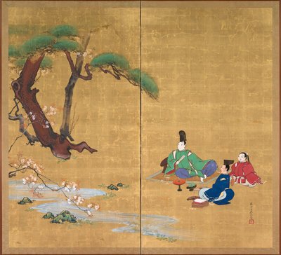 Narihira Widząc kwitnące wiśnie, koniec XIX wieku. autorstwa Shibata Zeshin