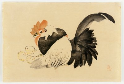 Kogut, kura i pisklęta, epoka Meiji, 1870-79 (kolorowy drzeworyt) autorstwa Shibata Zeshin