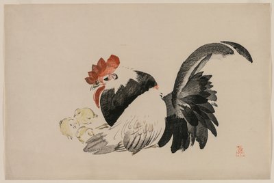 Kogut, kura i pisklęta 1880. autorstwa Shibata Zeshin