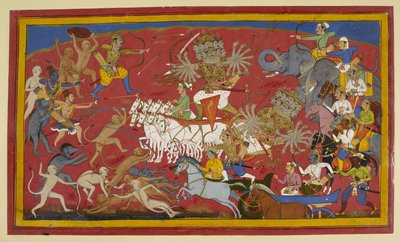 Dodać. 15297 (1) f.141v Walka z dziesięciogłowym królem demonów Ravaną, „Ramayana” autorstwa Unbekannt